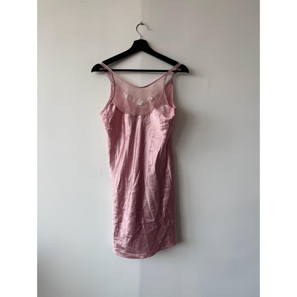Vintage Dentelle‎ Dress Medium Pink Satin Mesh Slip Embroidered Lingerie 90s